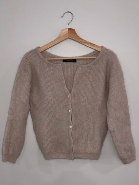Simons Taupe Fuzzy Button-Up Cardigan